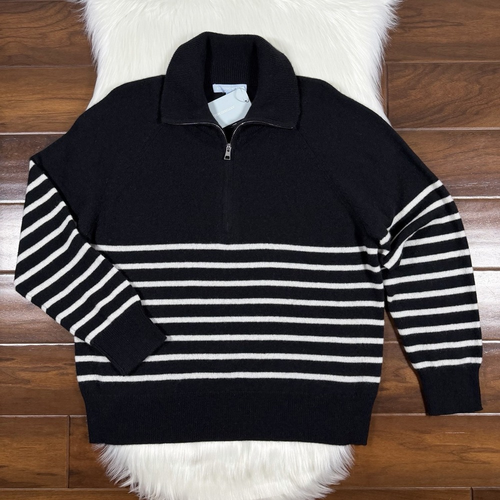 Antonio Melani Size Medium Black Stripe Cashmere Quarter Zip Pullover Sweater